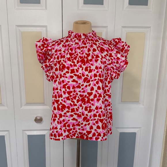 Pinch Tops - PINCH Women Red Pink Heart Print Ruffle Mock Neck Flutter Sleeve Blouse L NEW